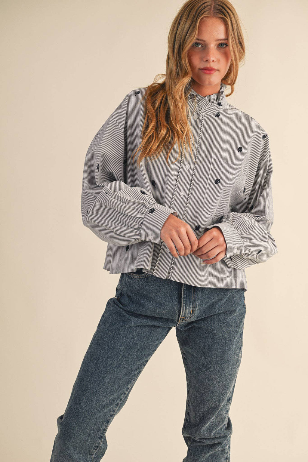 Embroidered Mock Neck Striped Button Up