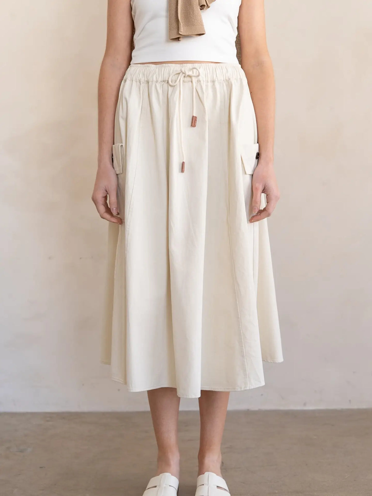 Gathered Drawstring Utility Midi Skirt in Natural