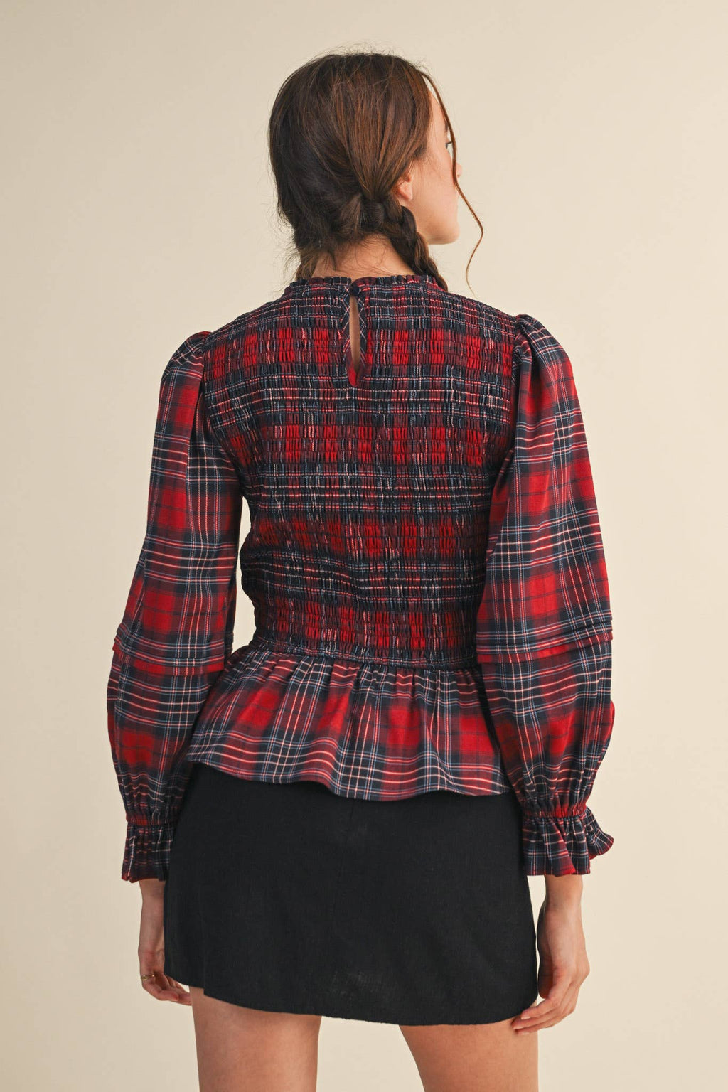 Smocked Plaid Puff Sleeve Peplum Top