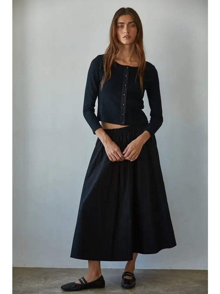 Woven Waist Flare Midi Skirt