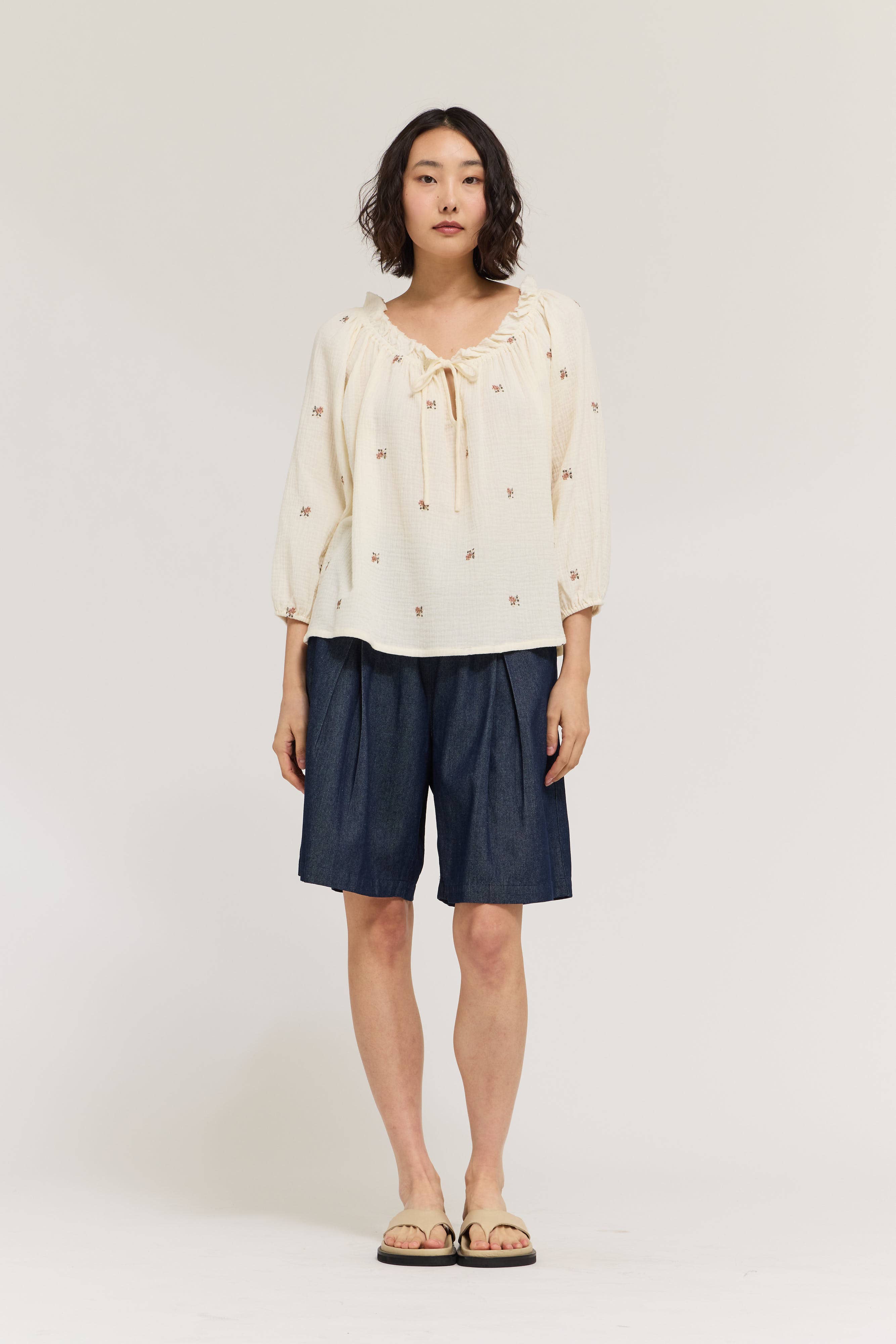 Embroidered Gauze Drawstring Blouse