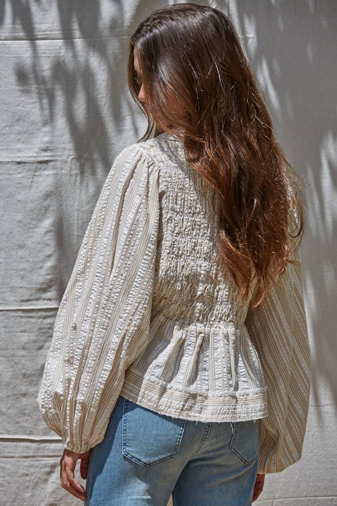 Woven Striped Collared Scoop Neck Smocked Top