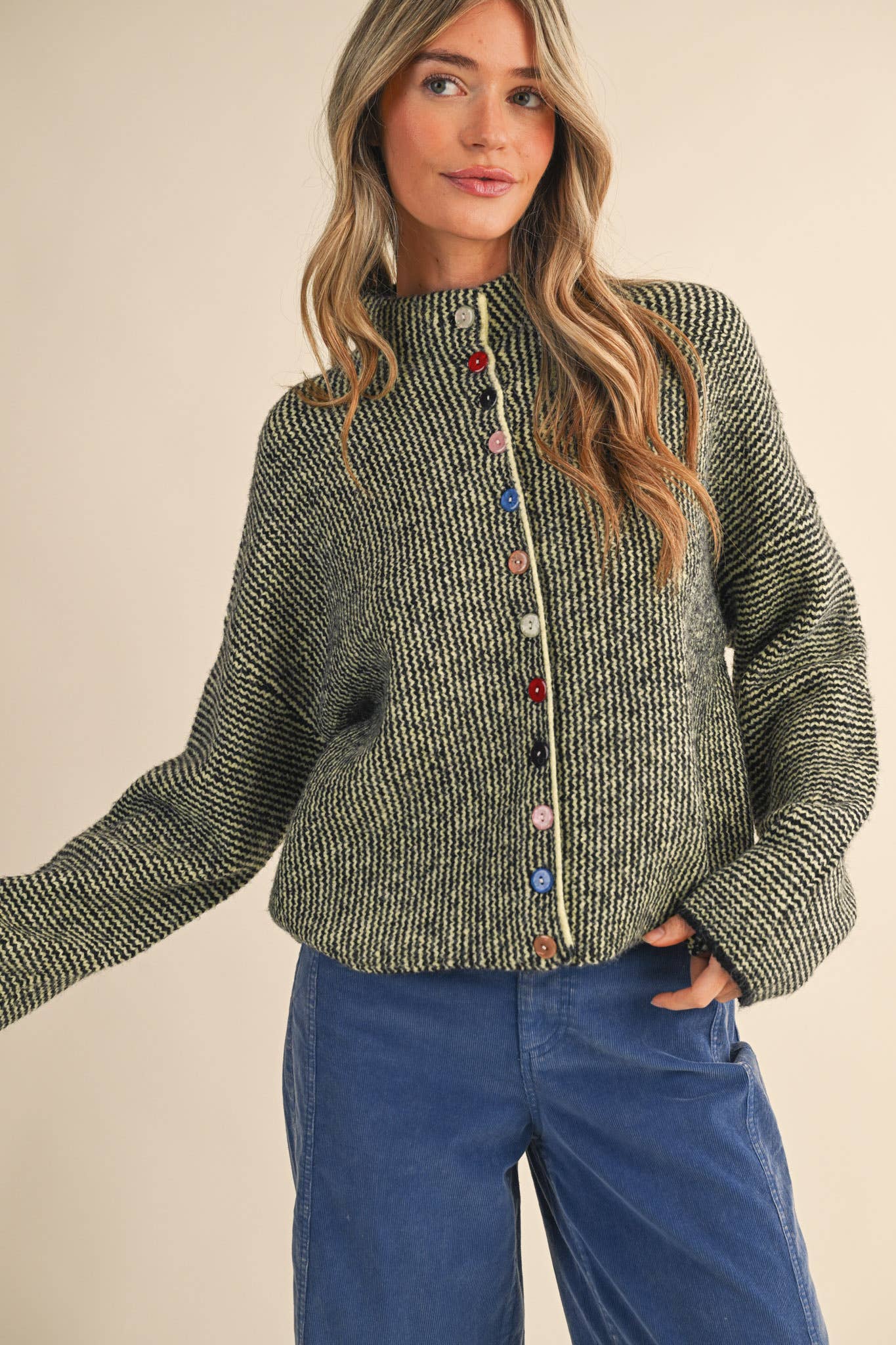 Striped Sweater Cardigan with Colorful Buttons