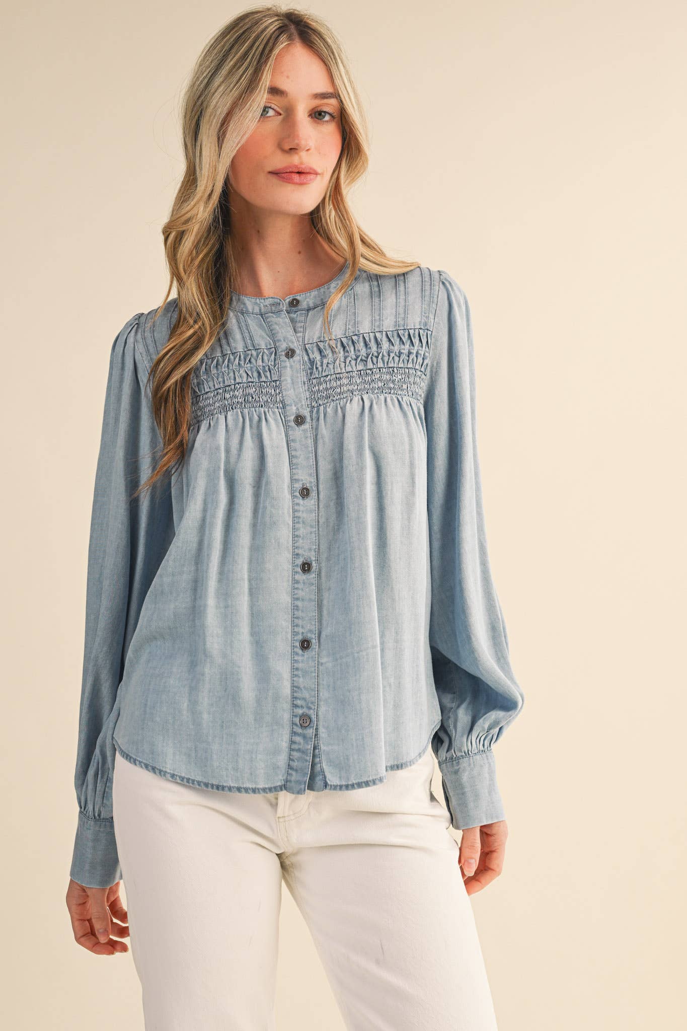 Chambray Pintuck Detail Button Down Top