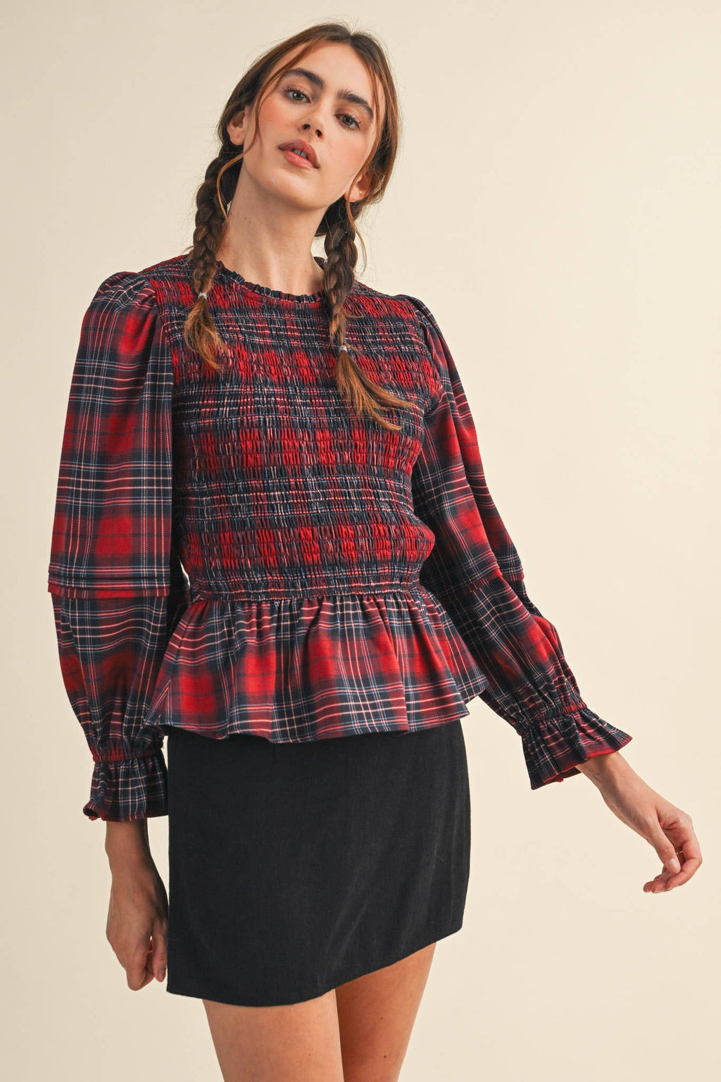 Smocked Plaid Puff Sleeve Peplum Top