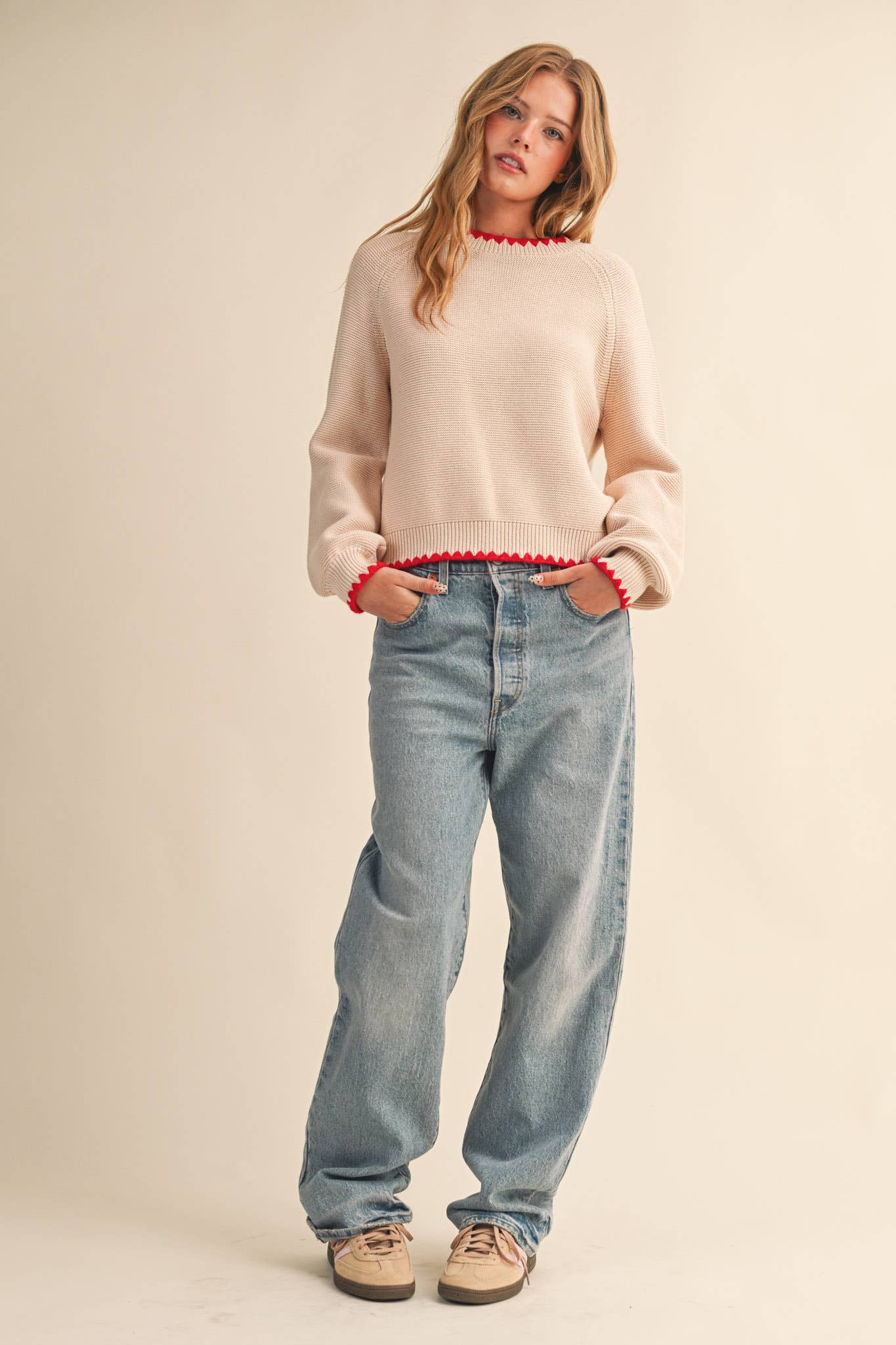Contrast Stitch Puff Sleeve Sweater