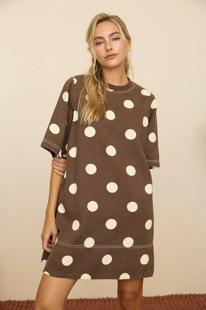 Polka Dot T-Shirt Mini Dress in Brown