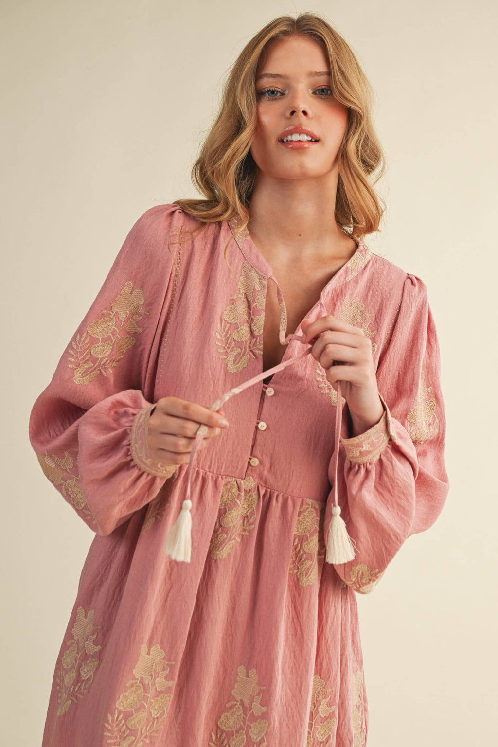 Embroidered Long Puff Sleeve Mini Dress