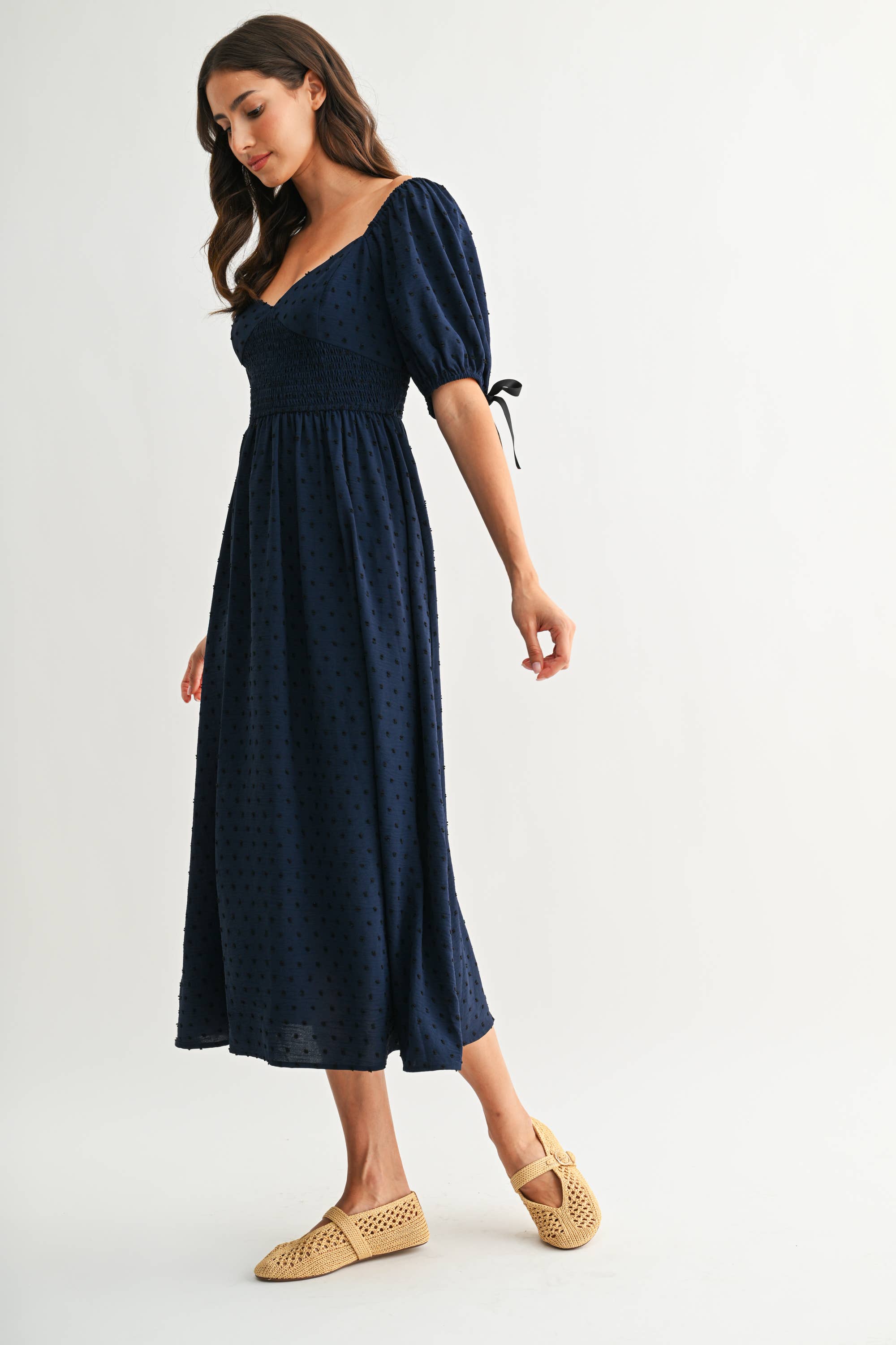 Smocked Bodice Textured Midi Dress