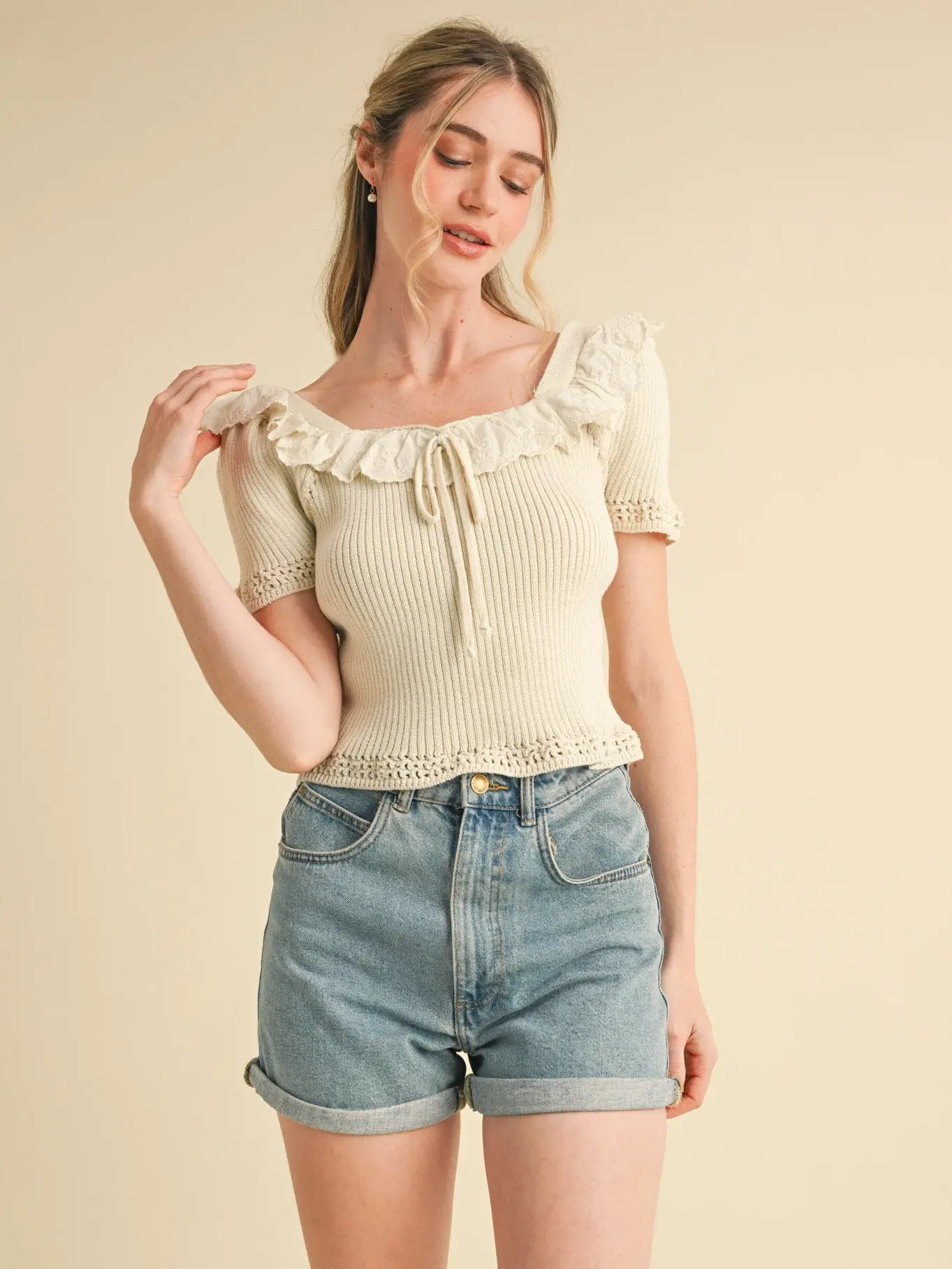 Ecru Ruffle Trim Short Sleeve Sweater