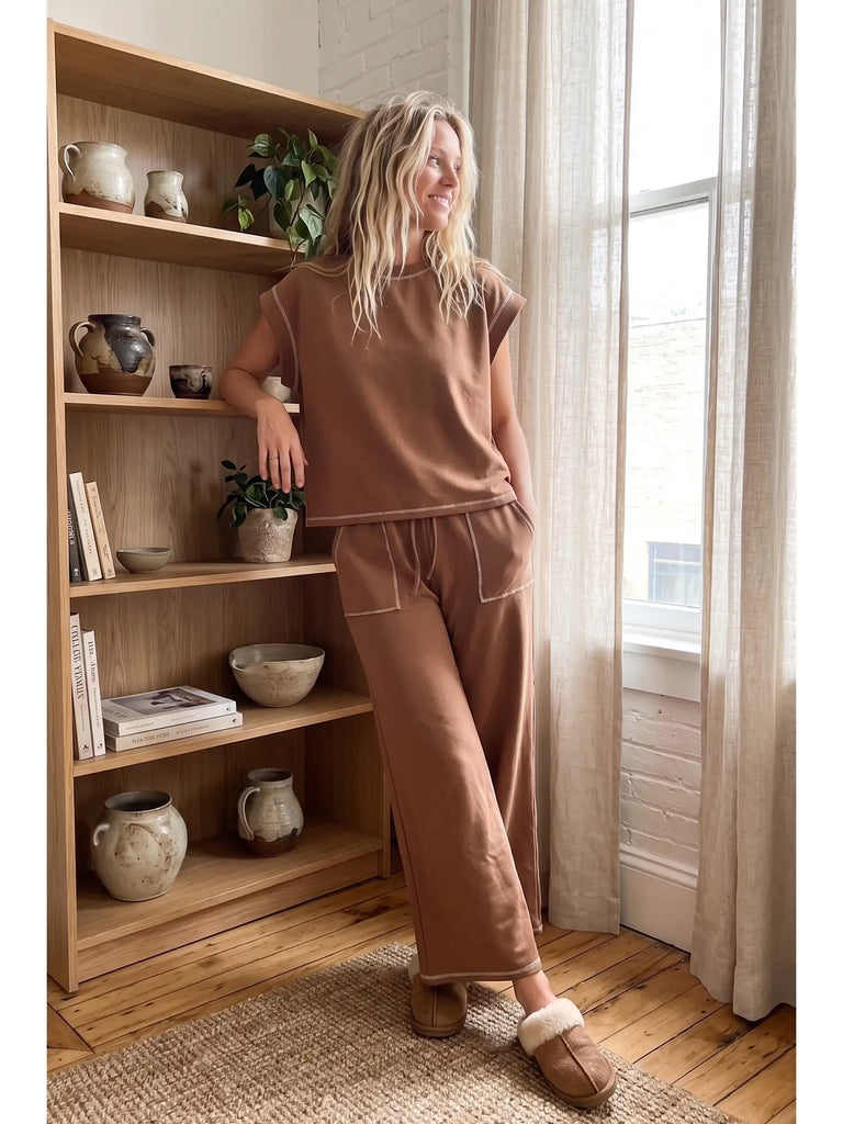 Scuba Contrast Stitch Lounge Set in Brown