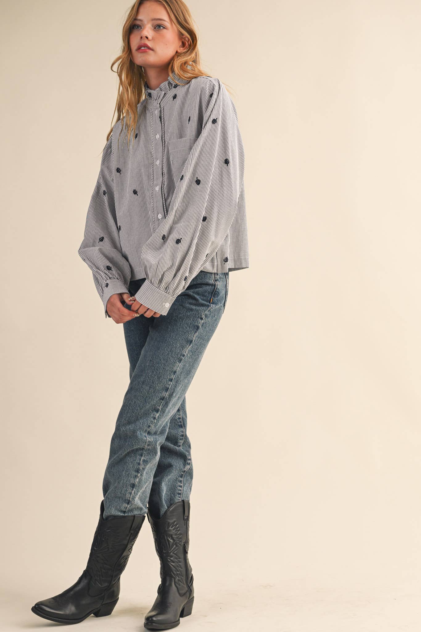 Embroidered Mock Neck Striped Button Up