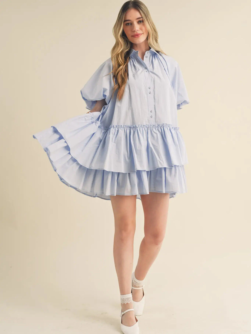 Bubble Sleeve Button Down Babydoll Dress