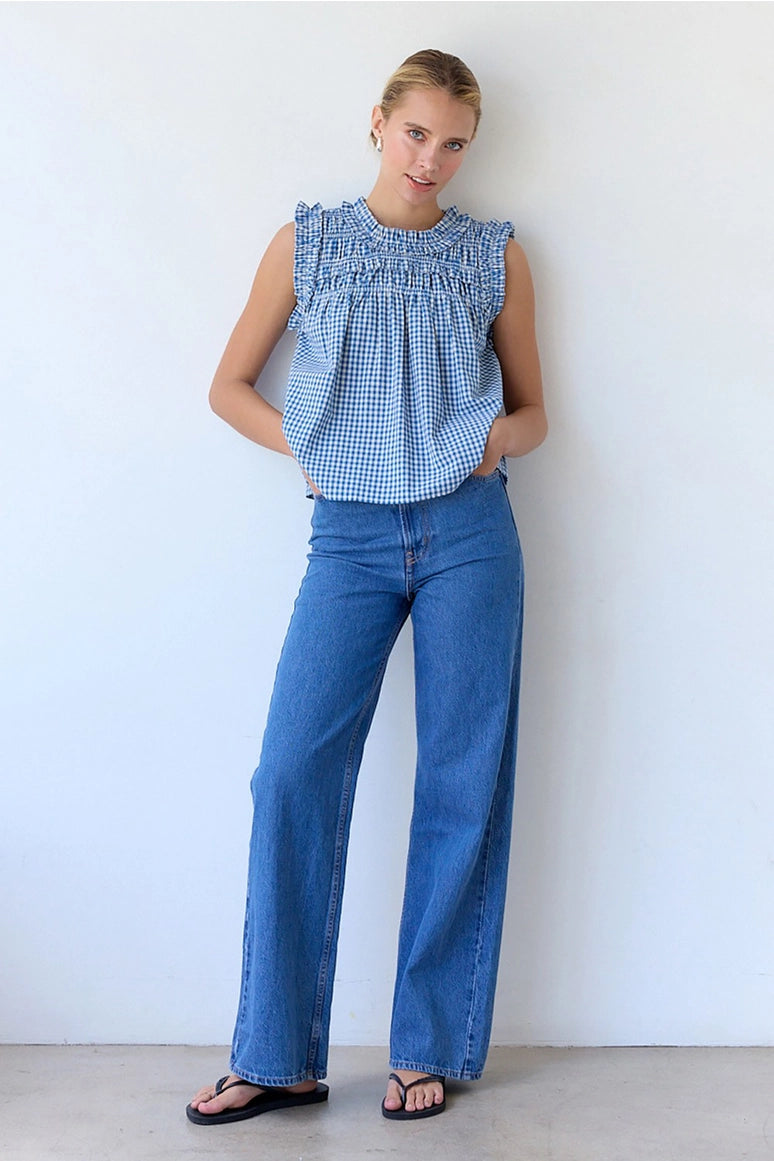 Gingham Ruffle Blouse in Blue