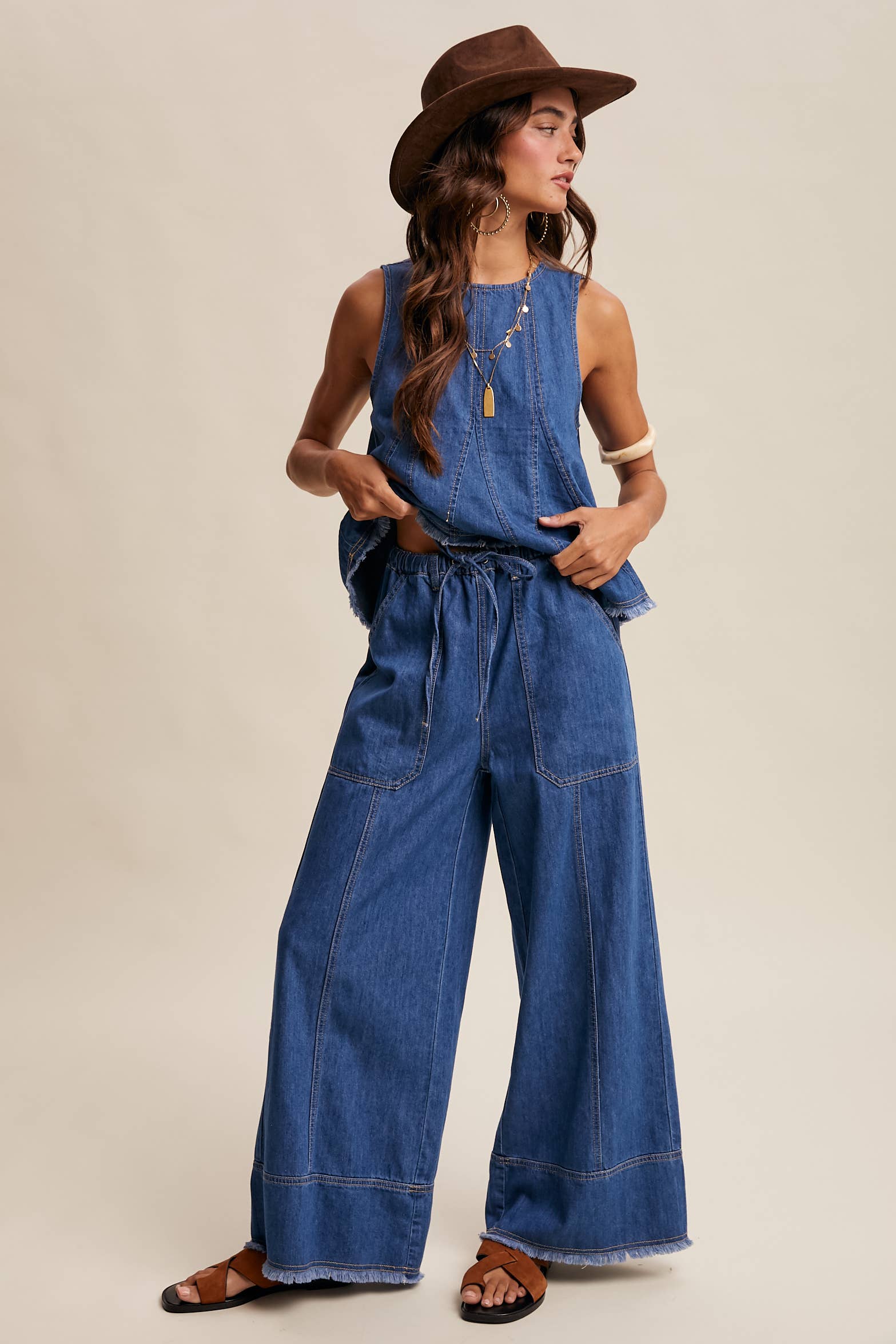 Washed Denim Tank & Wide-Leg Pants Set