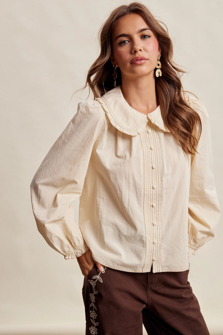 Contrast Stitch Ruffle Collar Blouse