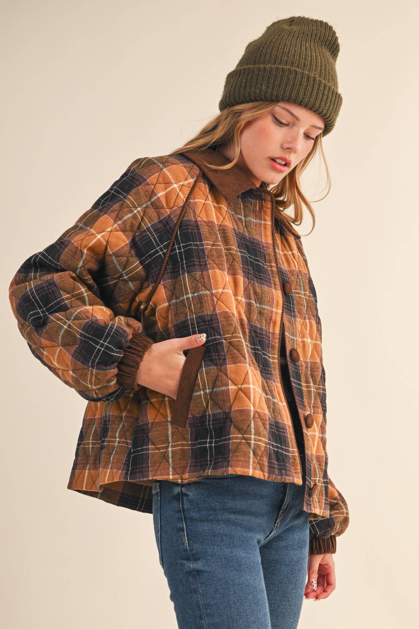 Plaid Quilted Jacket with Contrast Corduroy Detail