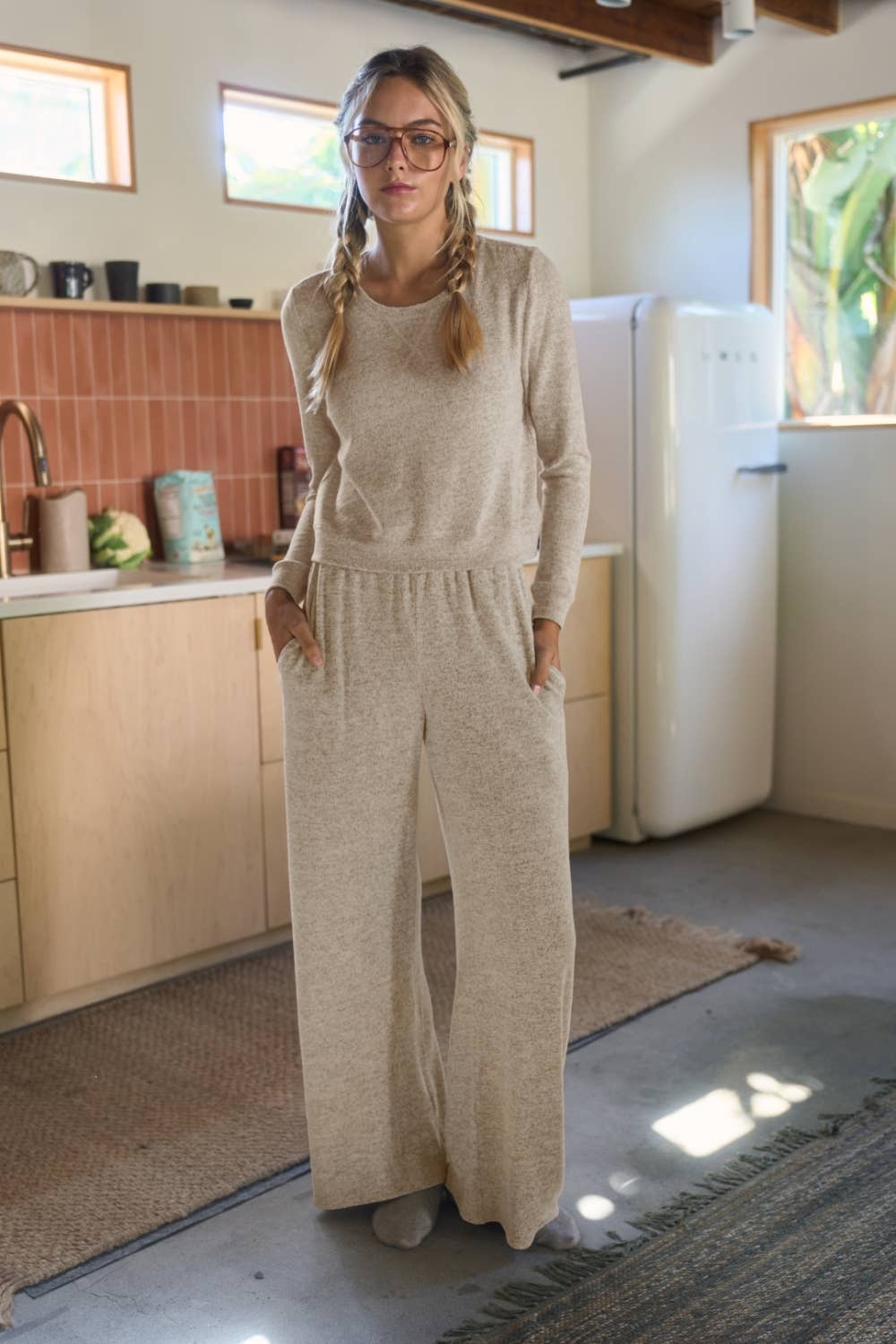 Brushed Knit Relaxed Lounge Pants in Oatmeal