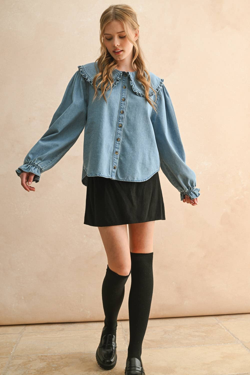 Ruffled Trim Collar Denim Shirt
