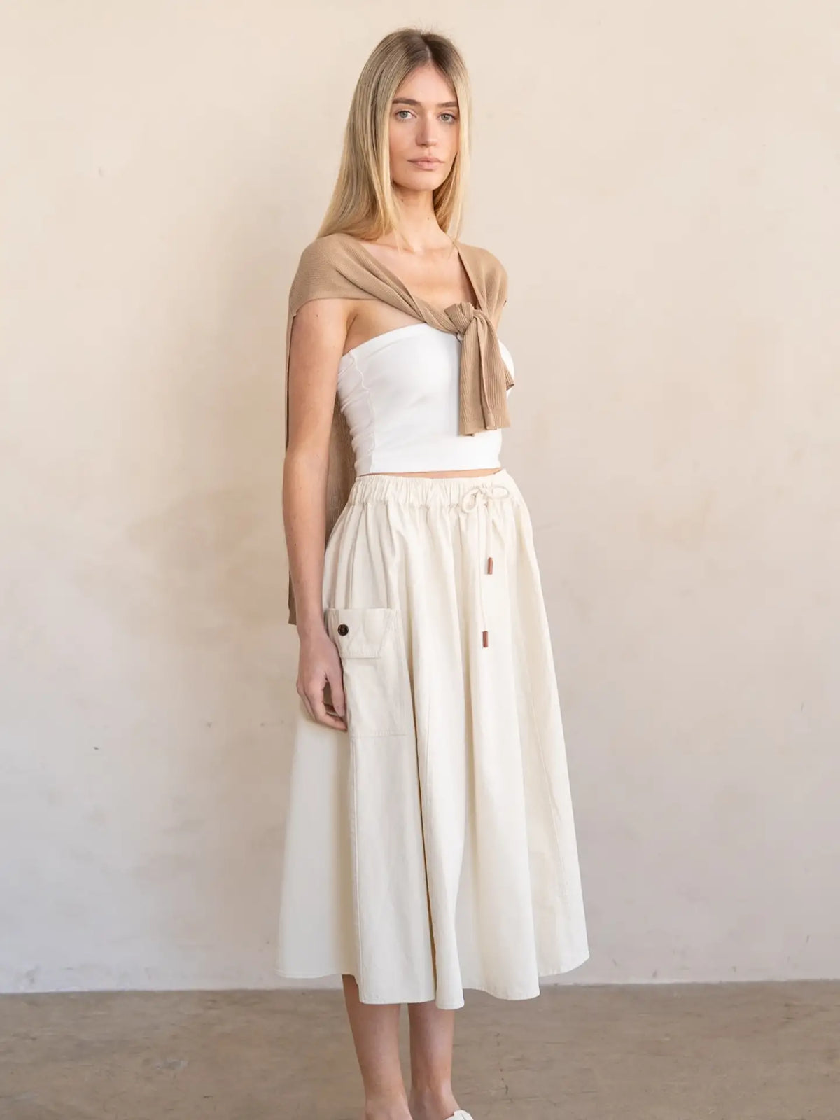 Gathered Drawstring Utility Midi Skirt in Natural