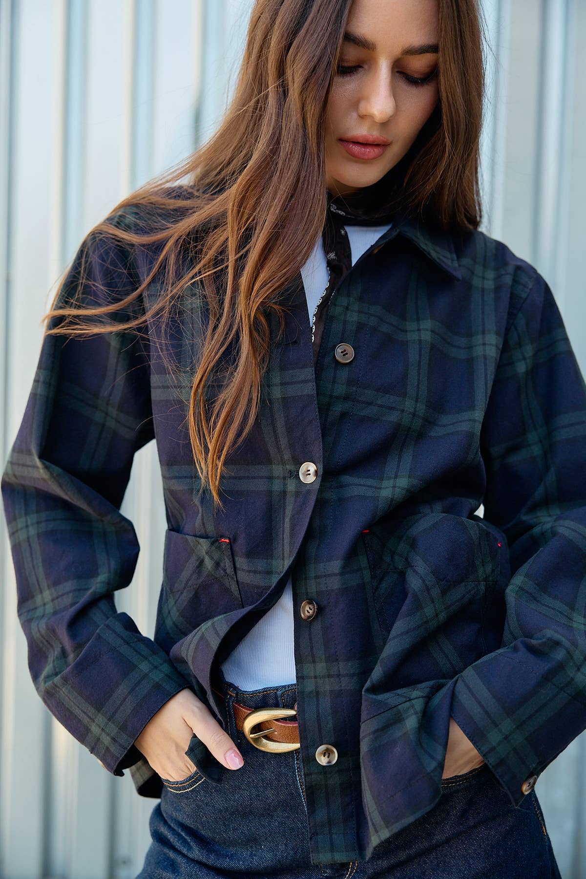 Navy Plaid Button Front Pocket Jacket