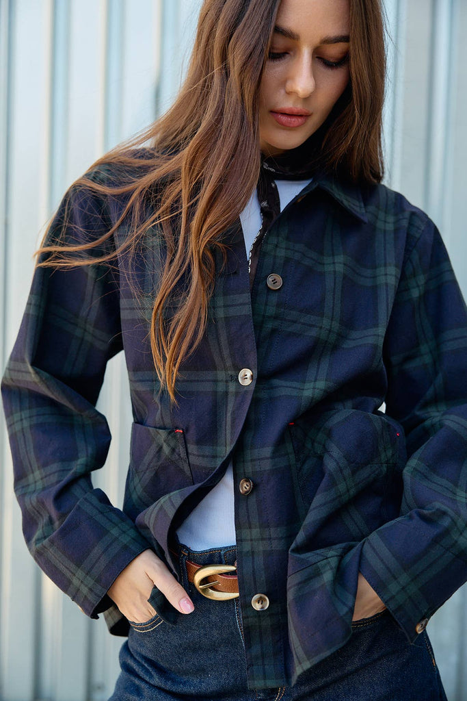 Navy Plaid Button Front Pocket Jacket