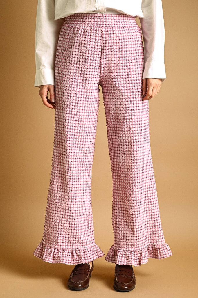 Crinkled Gingham Pants with Ruffle Hem