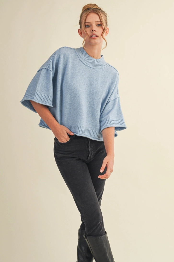 Marled Knit Mock Neck Short Sleeve Sweater