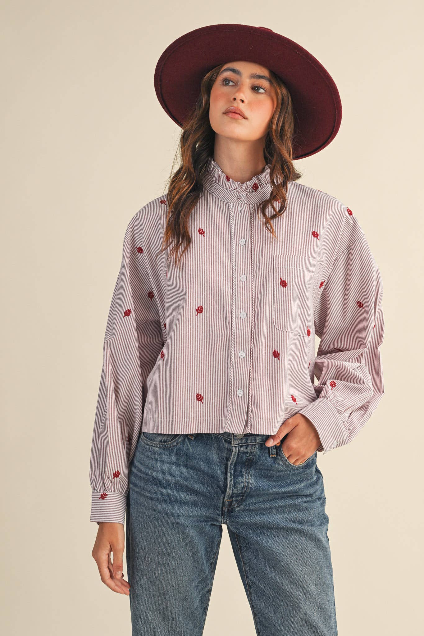 Embroidered Mock Neck Striped Button Up