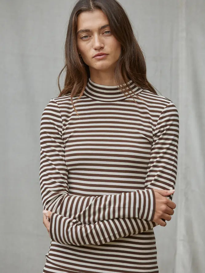 Spandex Stripe Mock Long Sleeve in Cream Brown