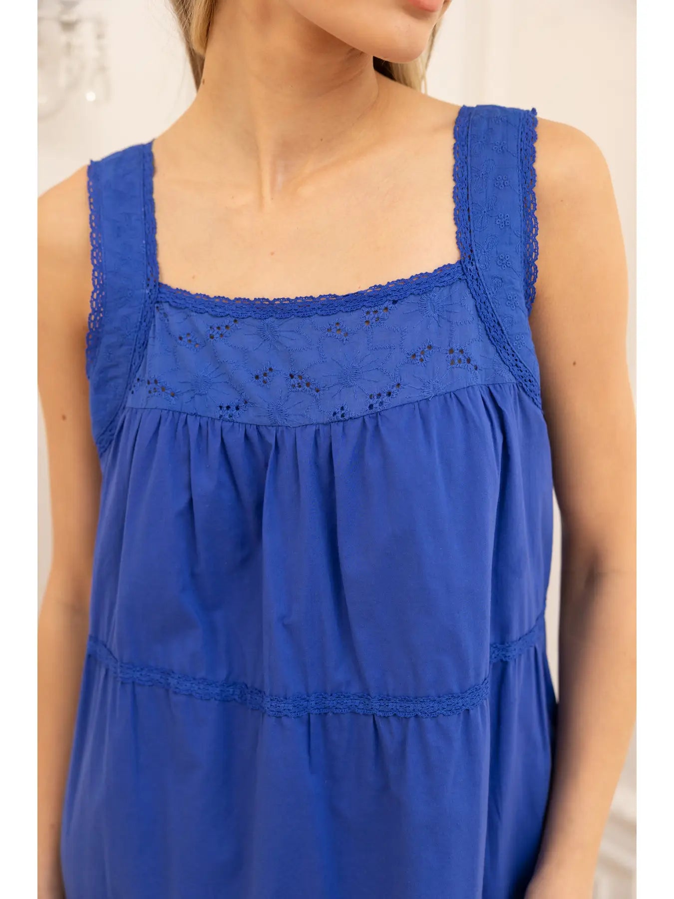 Lace Trim Tiered Maxi Dress in Cobalt Blue