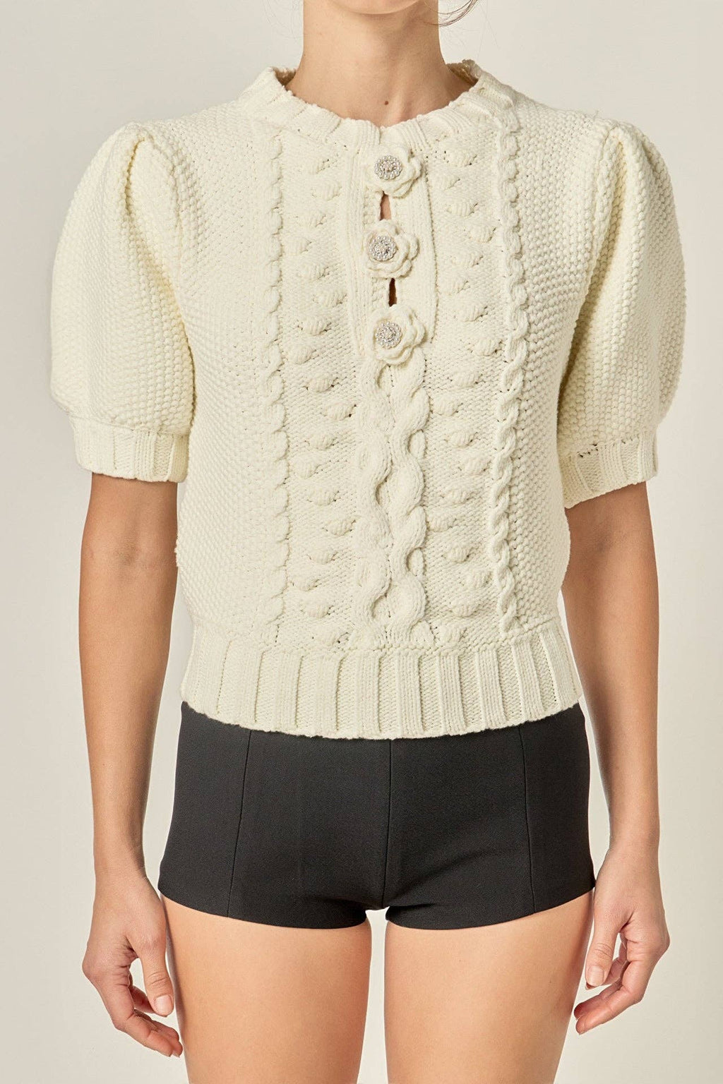 Flower Detail Puff Sleeve Knit Top