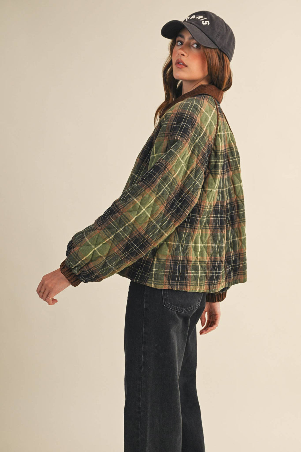 Plaid Quilted Jacket with Contrast Corduroy Detail