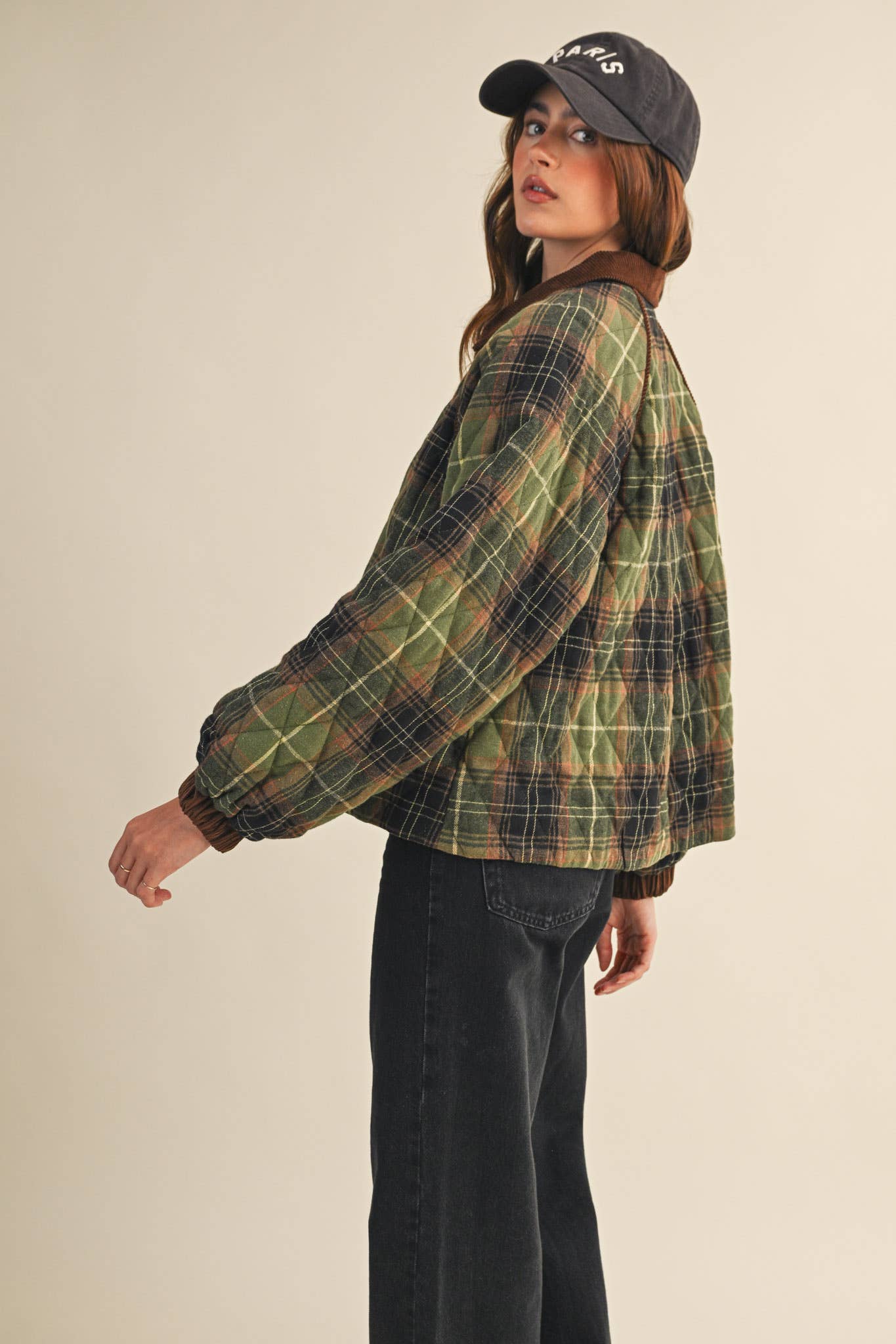 Plaid Quilted Jacket with Contrast Corduroy Detail