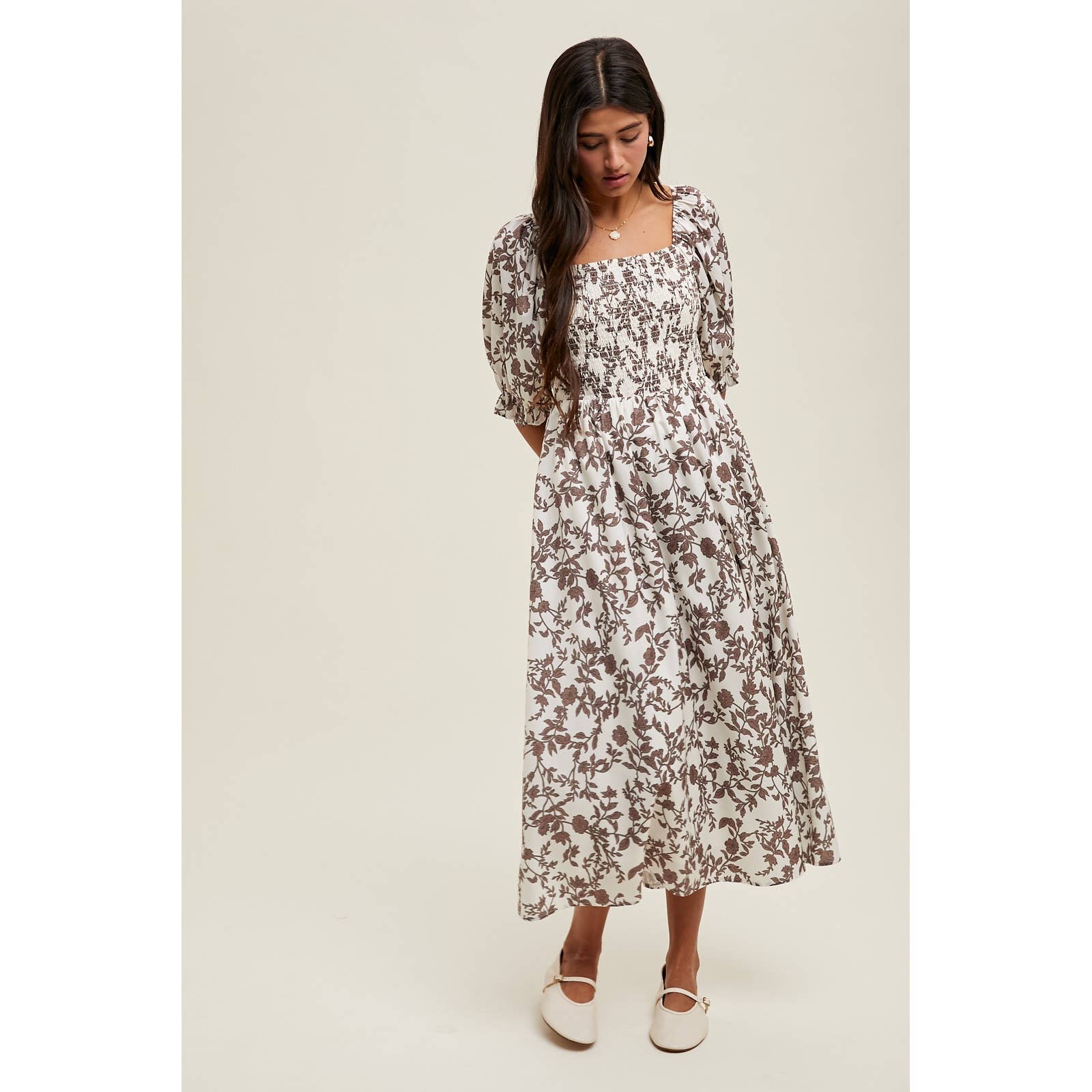 Floral Balloon Sleeve Smocked Midi Dress