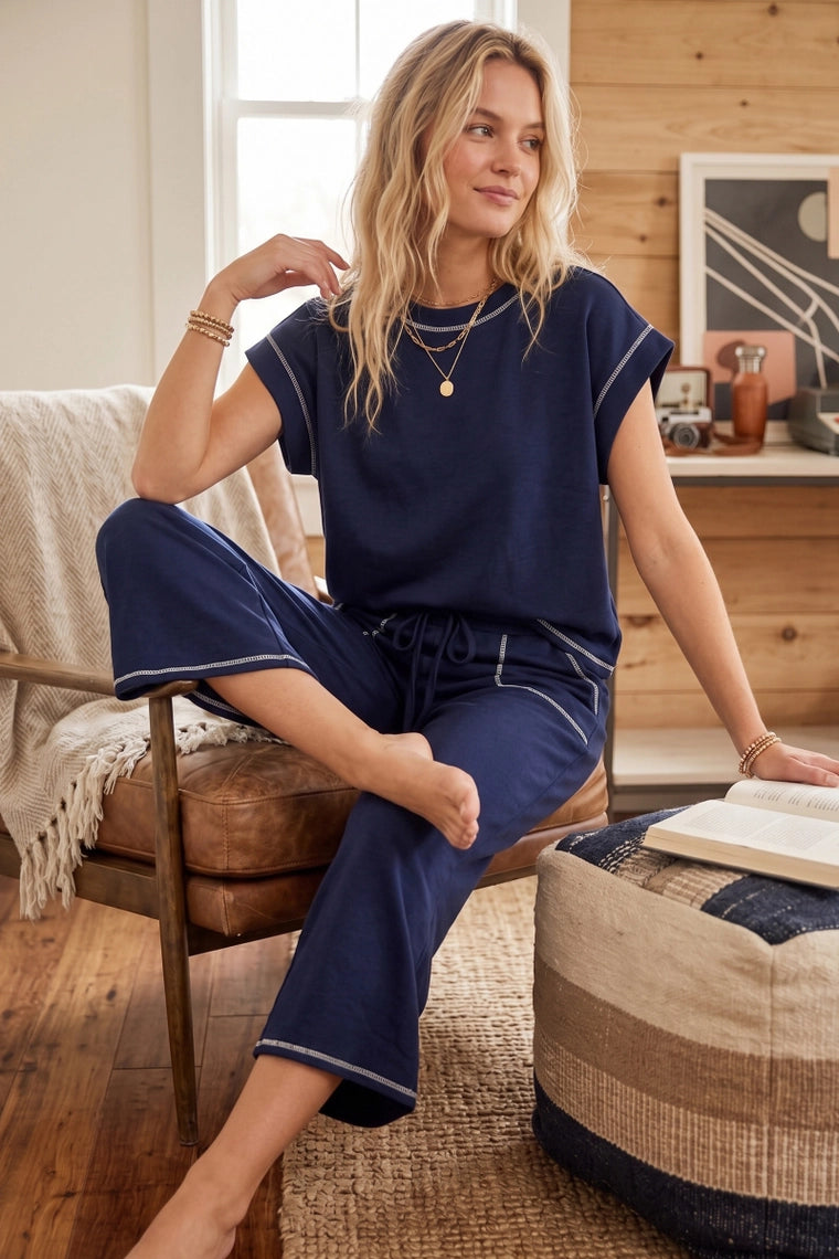 Scuba Contrast Stitch Lounge Set in Navy
