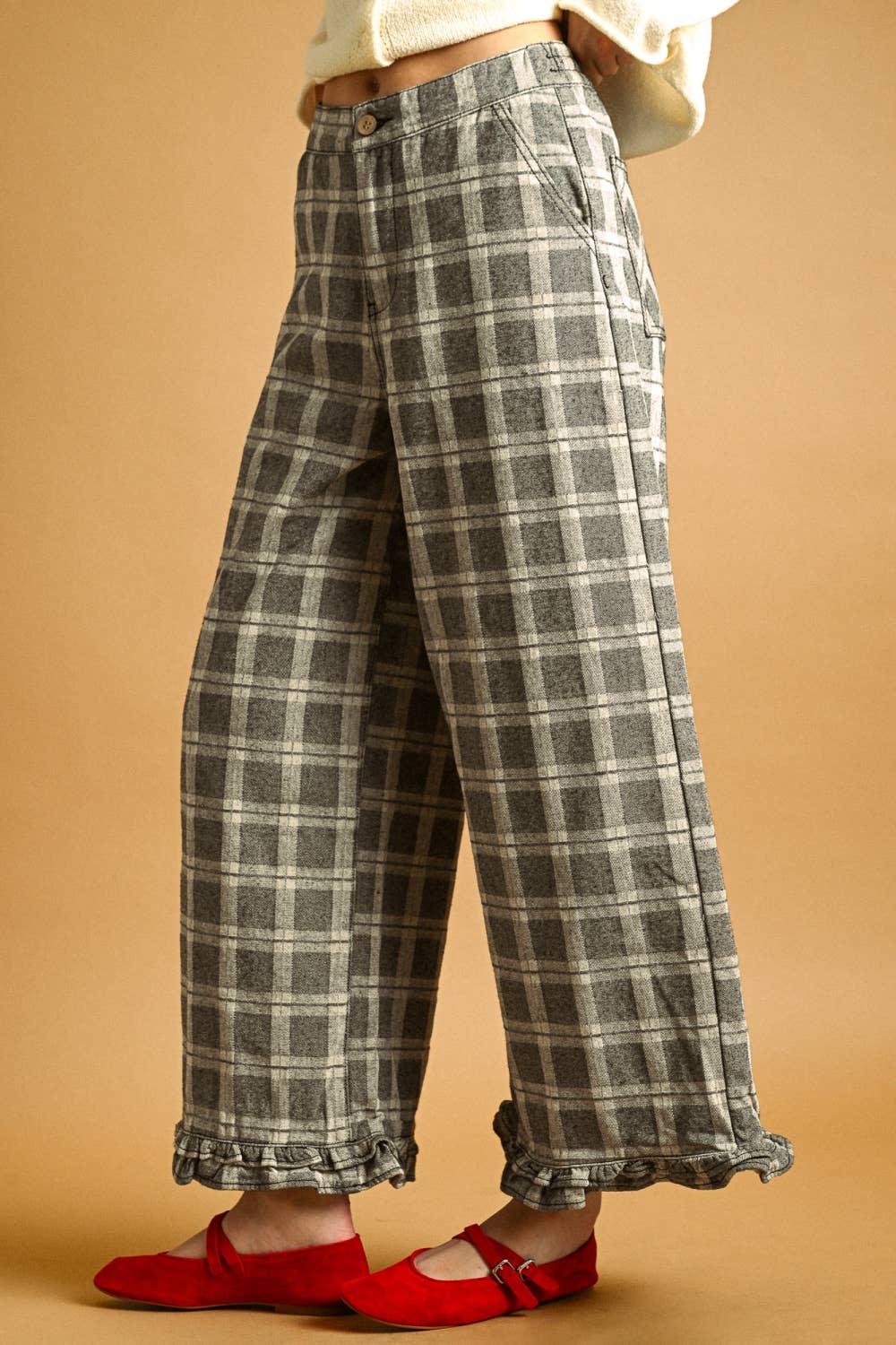 Ruffle Detail Plaid Pants