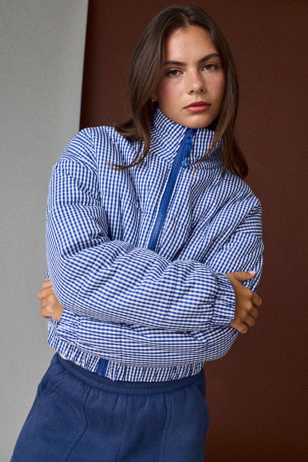 Gingham Zip Up Puffer Jacket