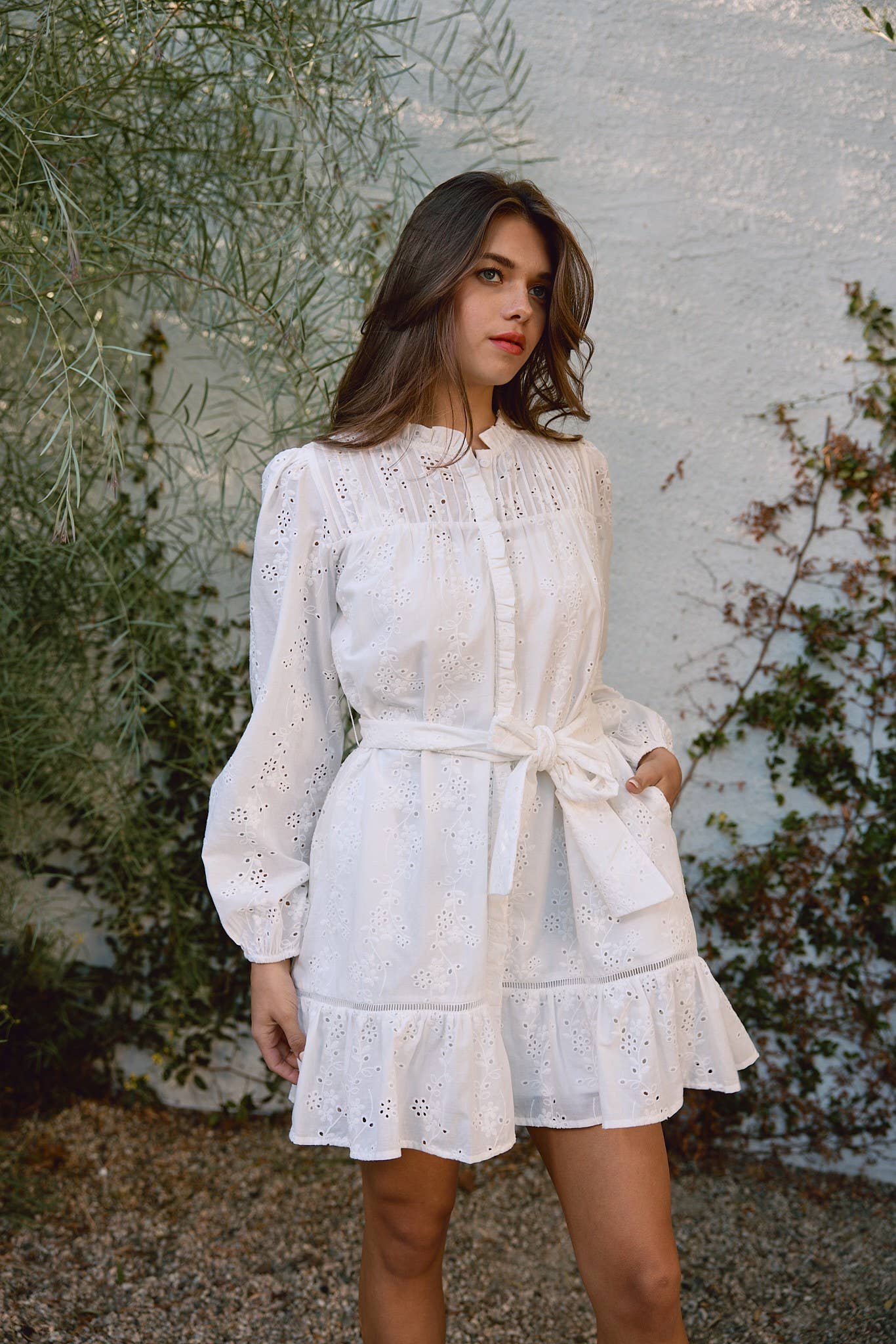 Ruffle Pintuck Dress With Tie