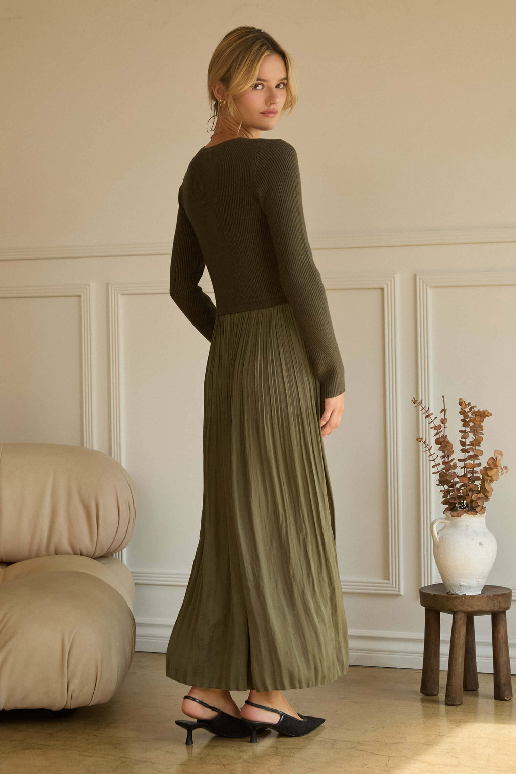 Mixed Media Long Sleeve Maxi Dress