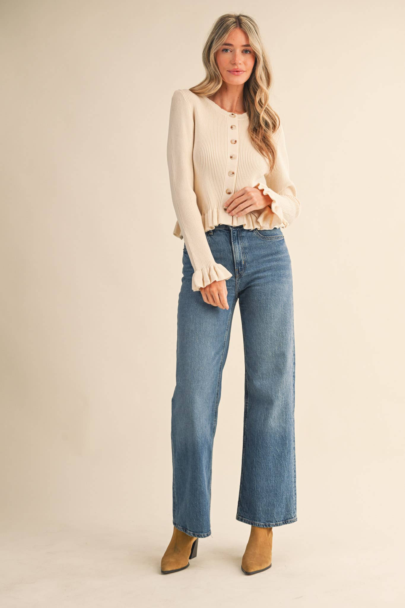 Ruffle Hem Ribbed Knit Cardigan