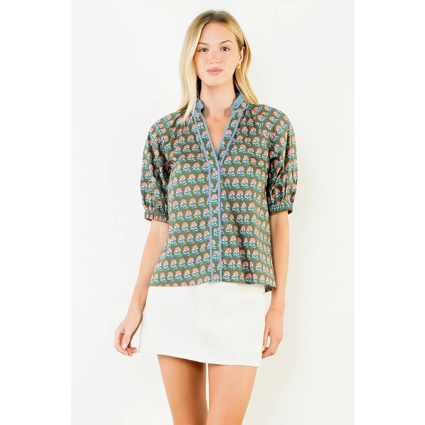 Puff Sleeve Flower Top with Ruffled Neck