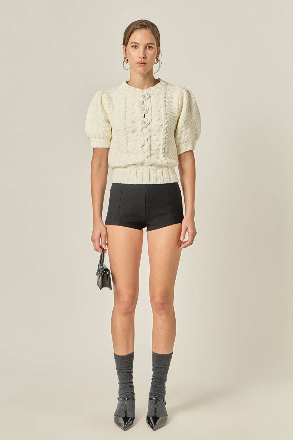 Flower Detail Puff Sleeve Knit Top