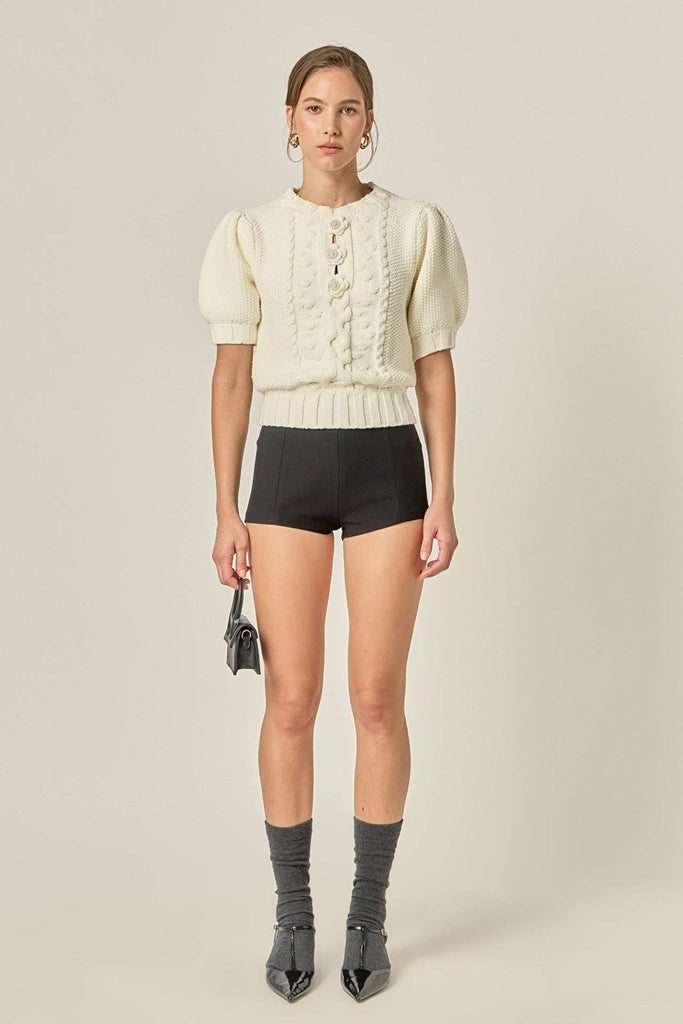 Flower Detail Puff Sleeve Knit Top