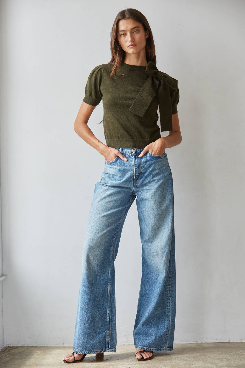 Shoulder Bow Knit Sweater in Dark Olive