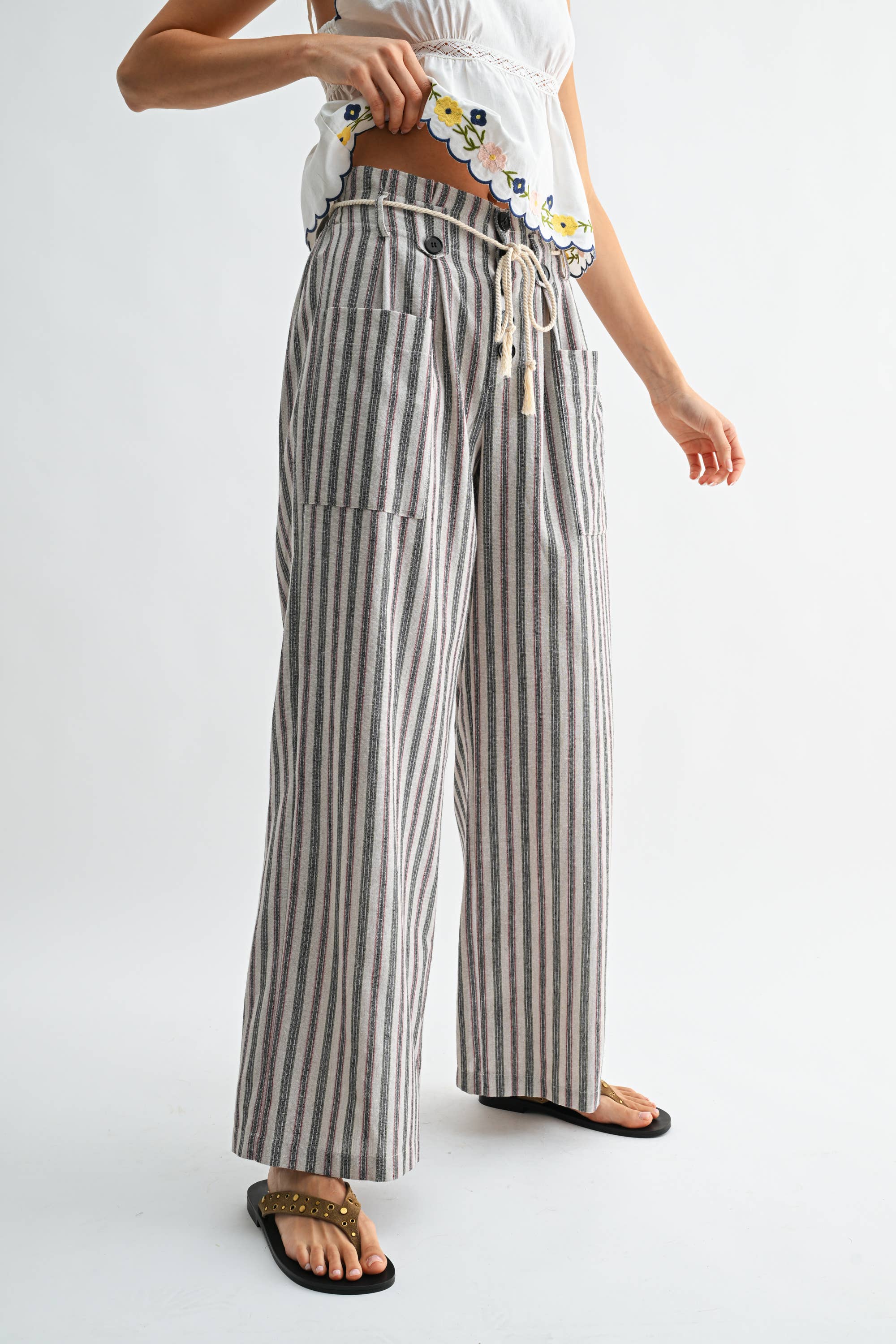 Drawstring Striped Wide Leg Pants