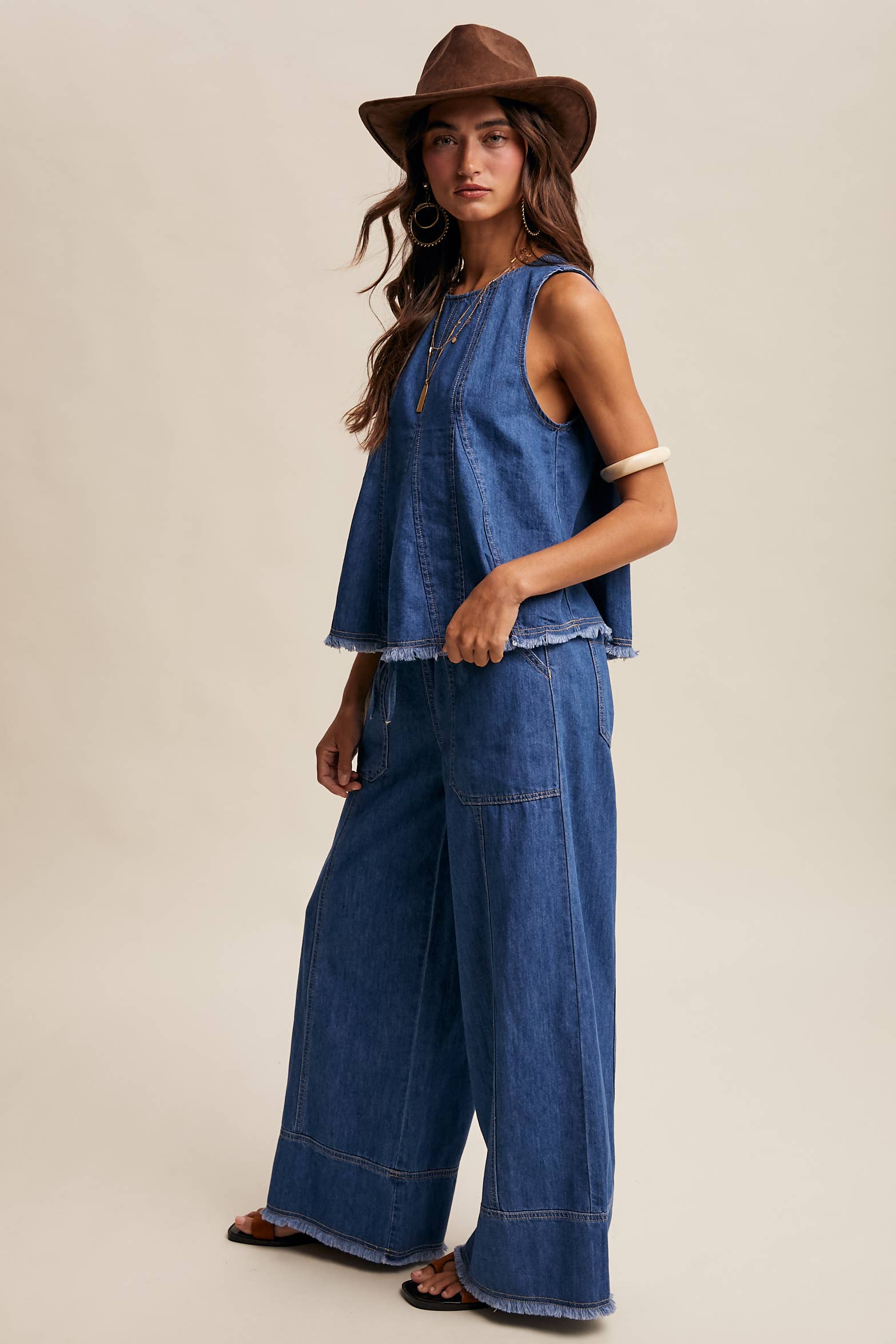 Washed Denim Tank & Wide-Leg Pants Set
