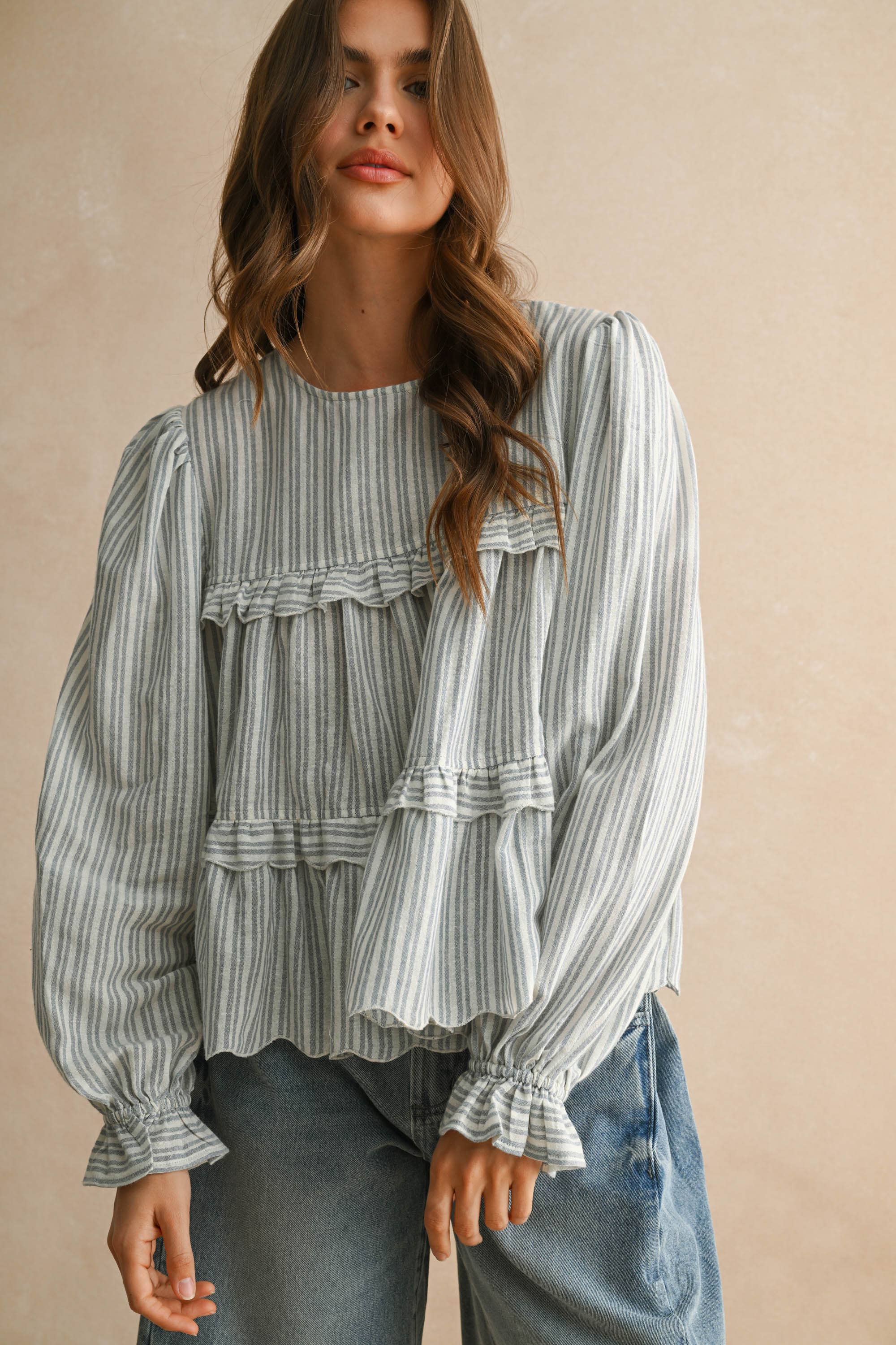 Striped Pattern Ruffle Detail Blouse