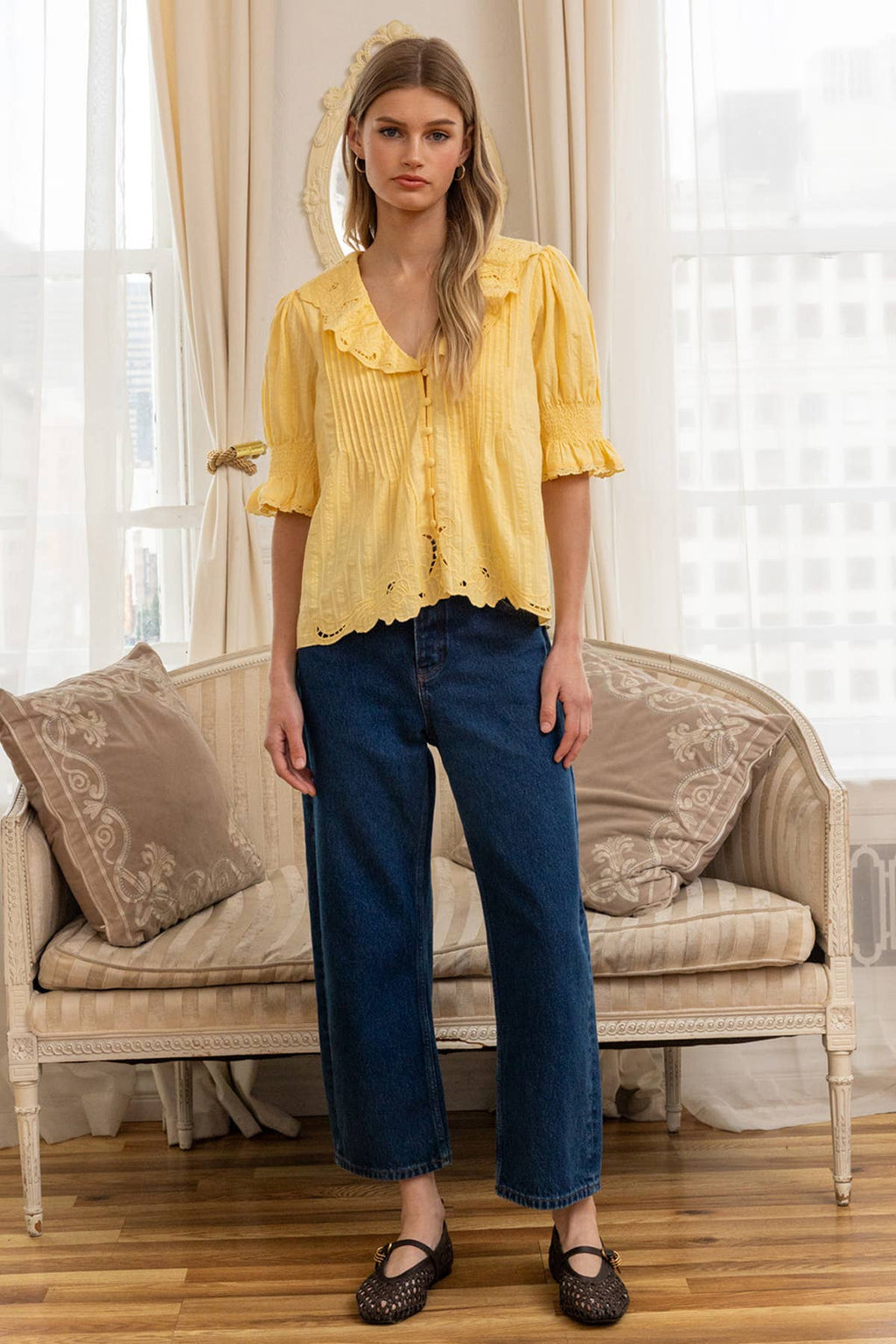 Embroidered Collar Button Blouse