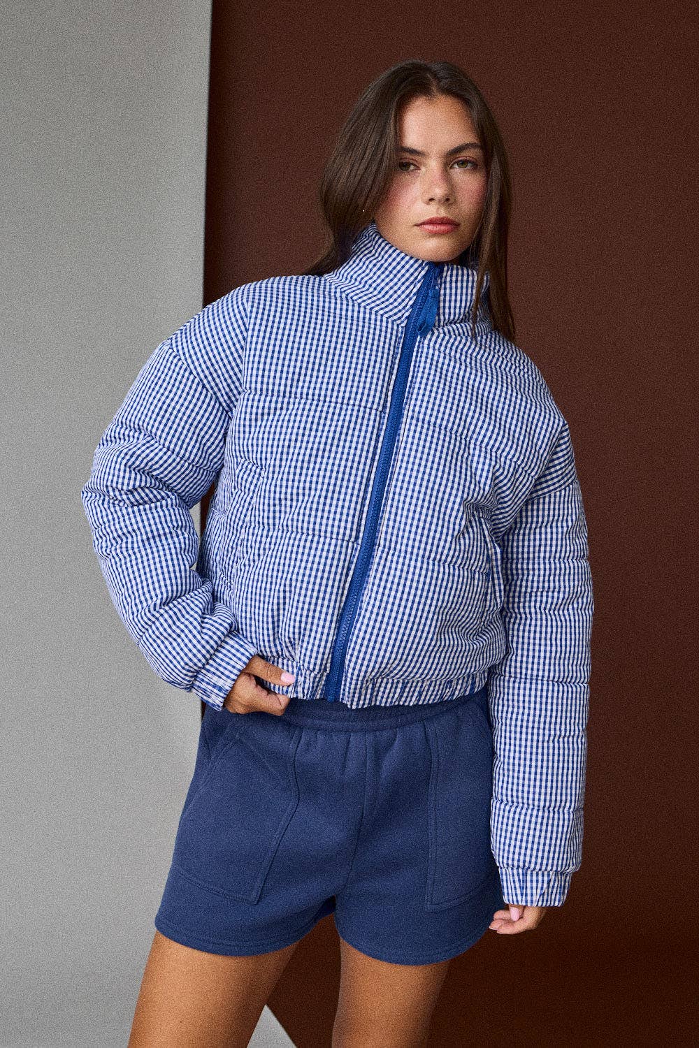 Gingham Zip Up Puffer Jacket